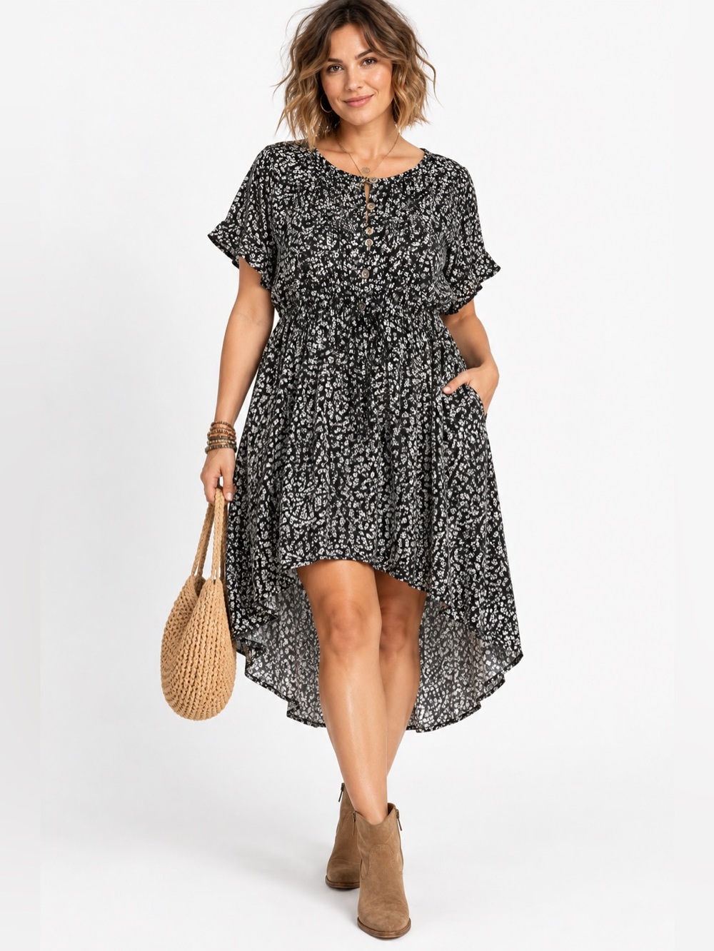 Maurices XL Black Ditsy Floral Rayon High Low Button Front Dress Pockets